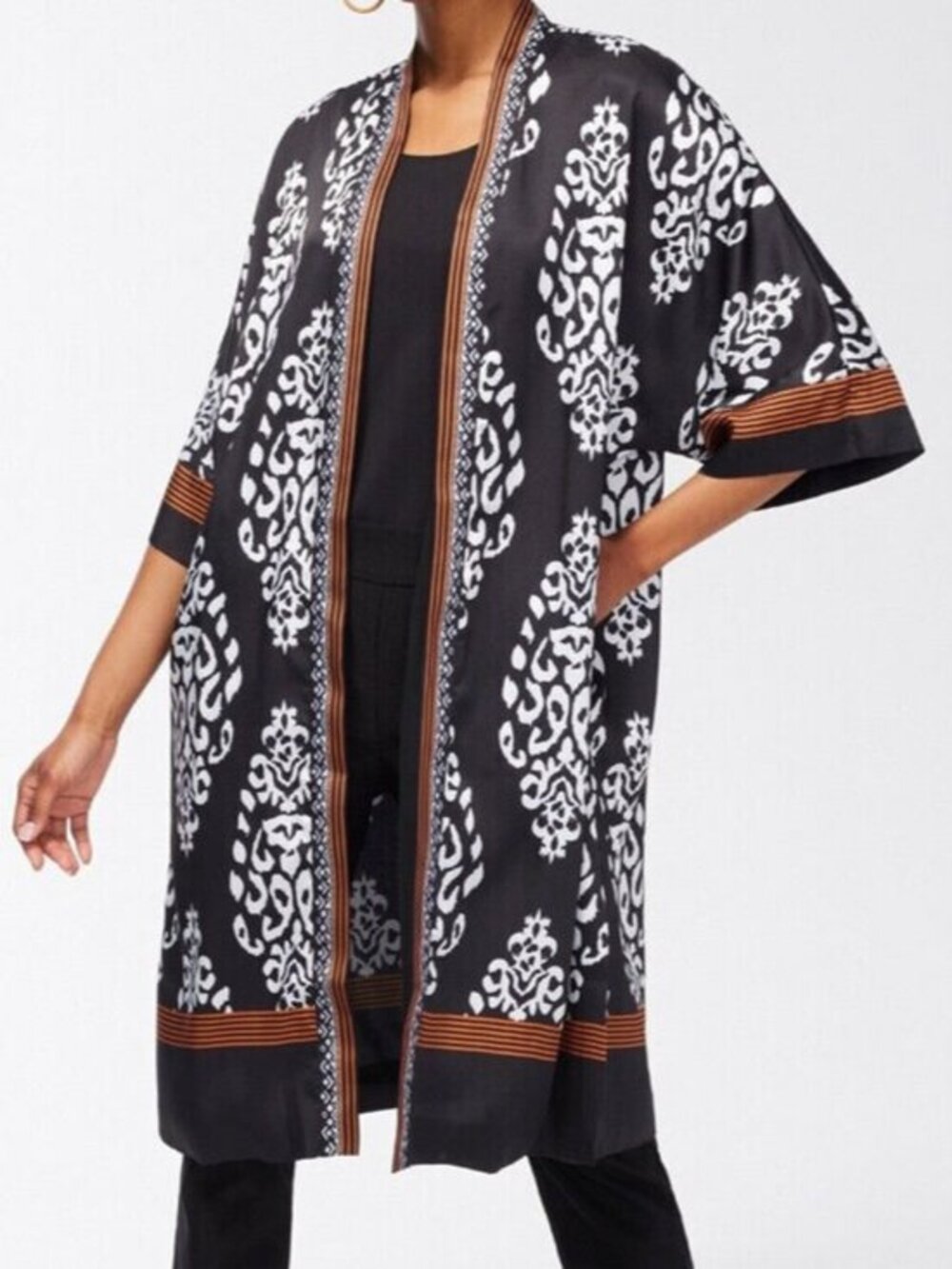 Chico's Chiffon Kimono Duster NWOT Black Ivory Floral Rust Trim Boho L/XL
